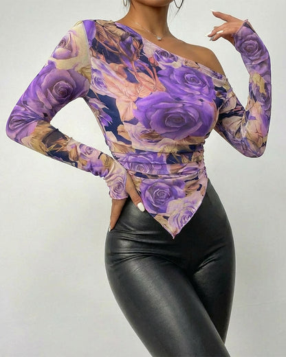 Vintage Floral Print Skew Neck Long Sleeve Asymmetrical Hem Tee Slim Fit Side Ruched Sheer Mesh Top with Thumb Hole Cuffs & Lining