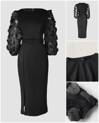 3D Polka Dot Appliques Mesh Lantern Sleeve Zipper Back Slit Work Dress Cinched Waist Slim Fit Mid Length Dress With Belt