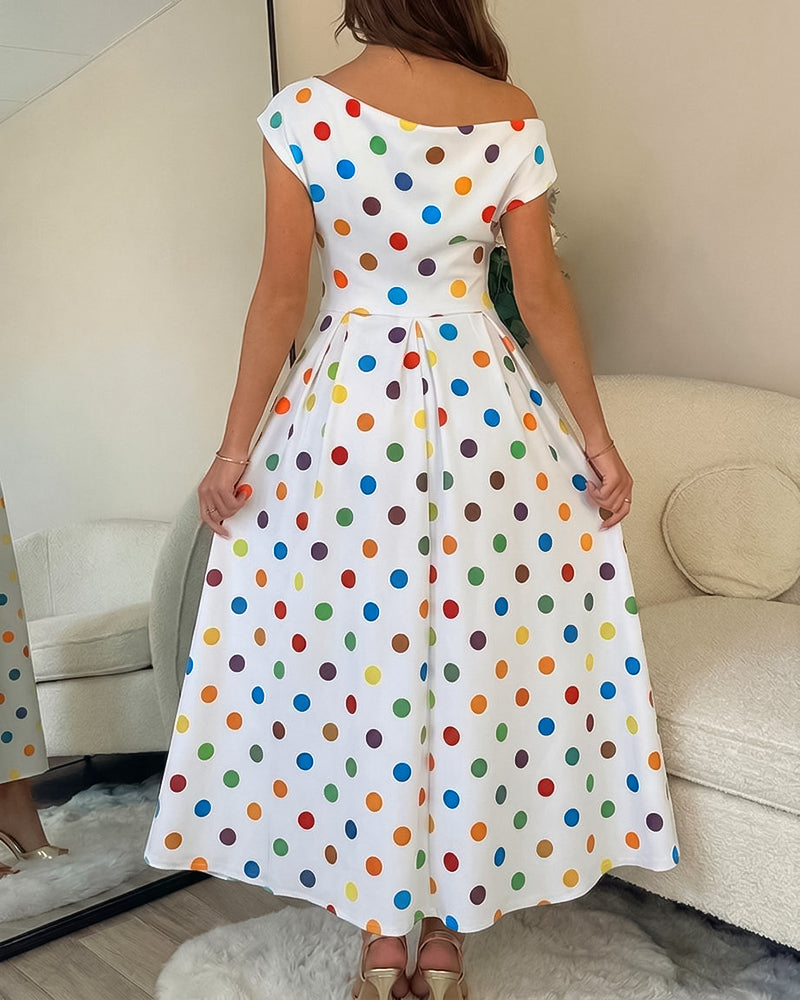 Women's Skew Neck Midi Dress Ruched Polka Dot Vacation Dress High Waisted A-Line Sundress with Pockets