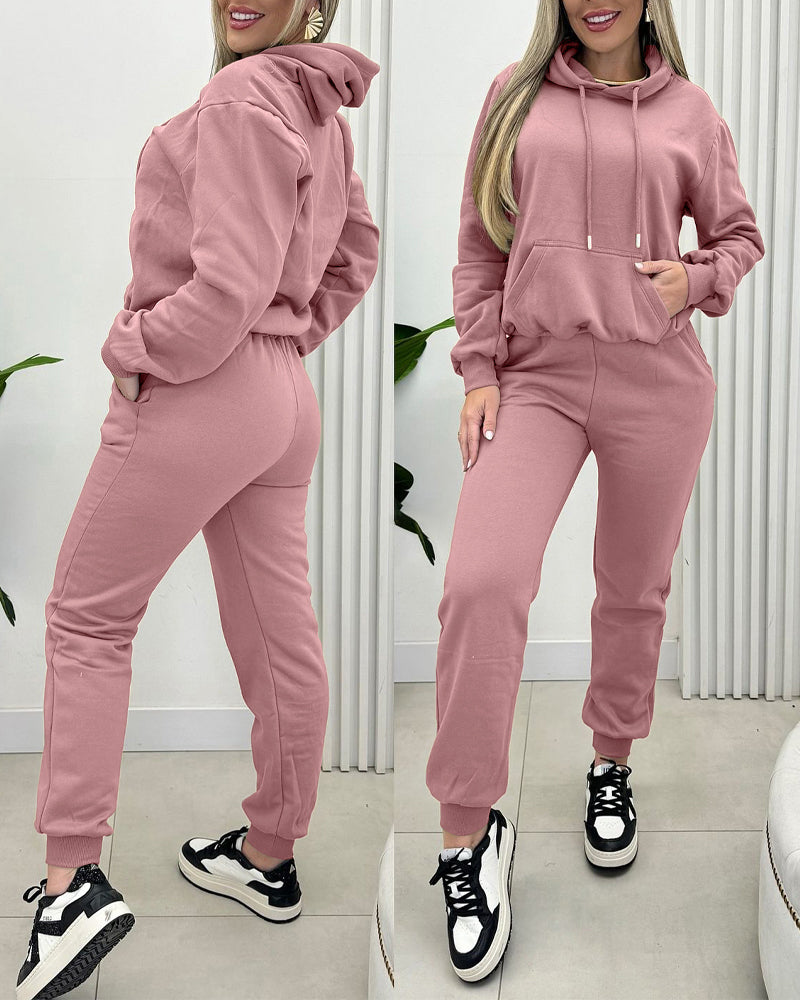 2 Pieces Outfit Kangaroo Pocket Thermal Lined Drawstring Hoodie Sweatshirt and Casual Elastic Waist Cinched Ribbed Cuffs Sporty Sweatpants Set