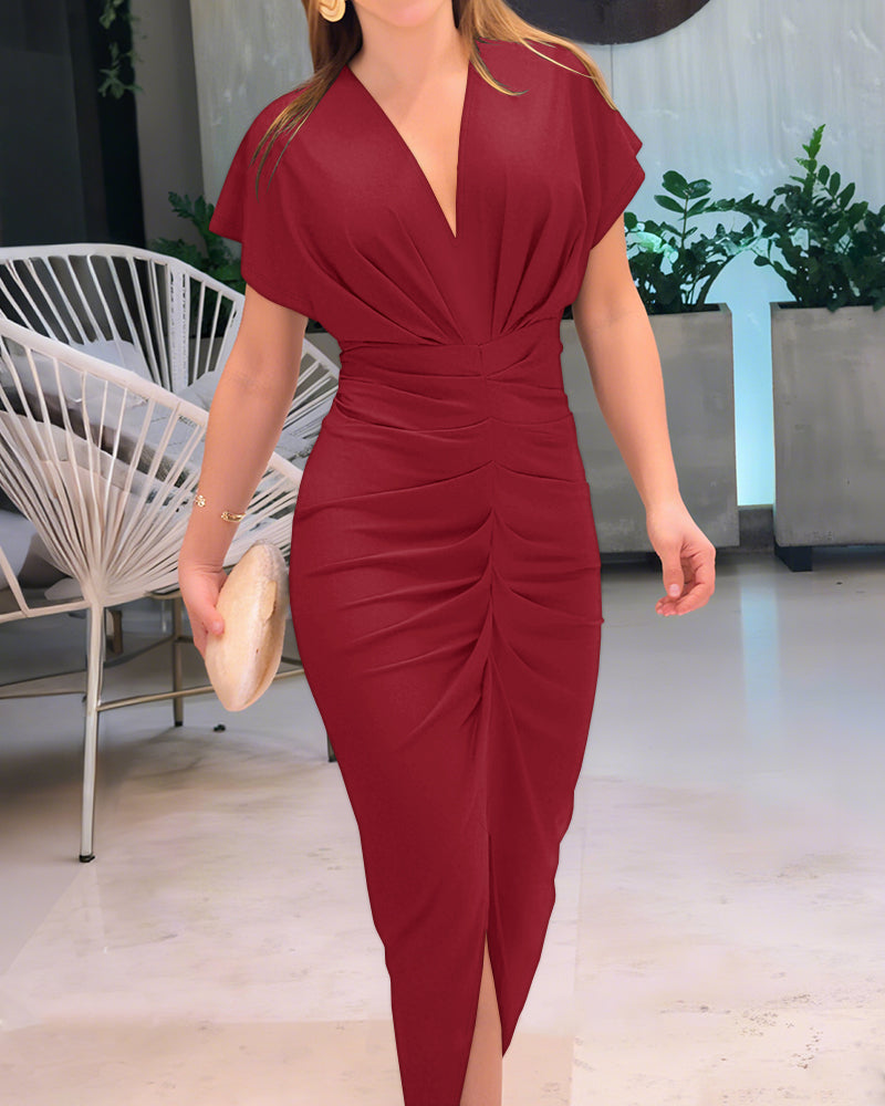 Deep V-Neck Ruched Slit Front Dress Cinched Waist Slim Fit Mid-length Dress