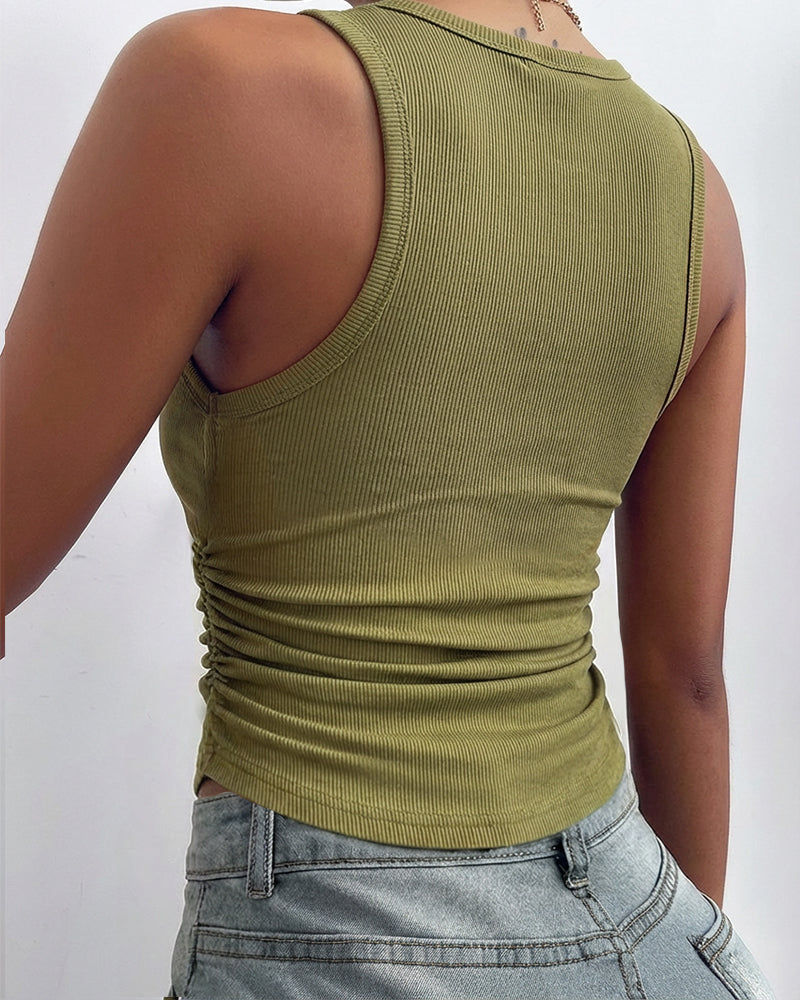 Round Neck Sleeveless Side Ruched Tank Slim Fit Ribbed Racerback Tank Top