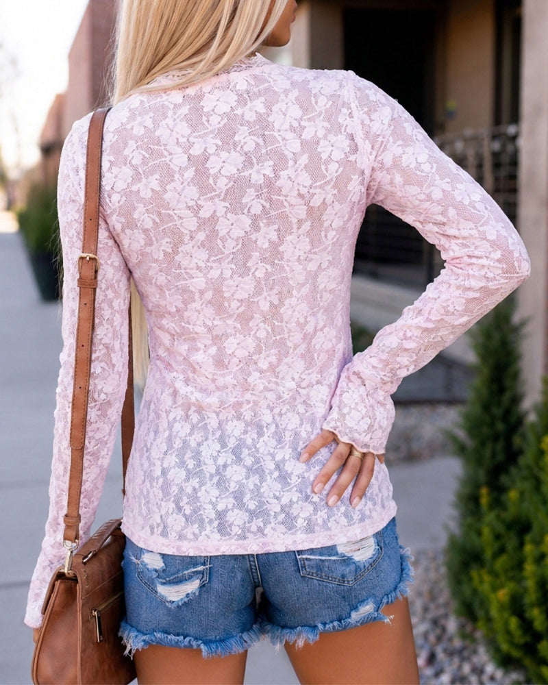 Women's V Neck Floral Lace Top Long Sleeve Flare Cuff Sheer Slim Fit Blouse