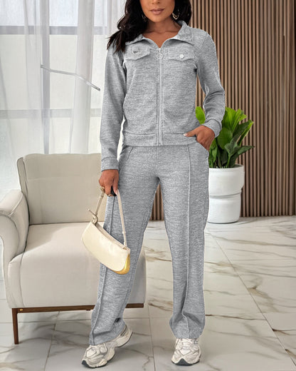Women's Casual Tracksuit Set Zip Up Long Sleeve Lapel Jacket and High Waisted Straight Leg Pants Lounge Set with Pockets