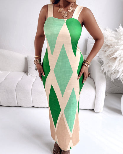 Geometric Print Square Neck Thick Strap Vacation Dress Casual Slim Fit Slit Maxi Dress