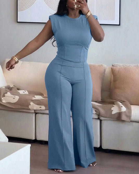 2 Pieces Outfit O-neck Sleeveless Padded Shoulders Cinched Waist Crop Top and Elastic Waist Seam Front Wide Leg Pants Set