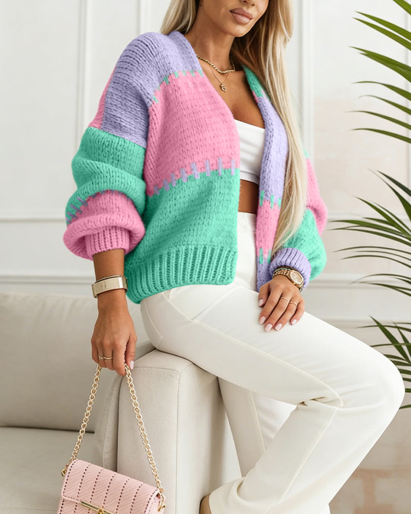 Women's Colorblock Knit Cardigan Chunky Knit Sweater Ribbed Trim Long Sleeve Casual Loose Knitwear