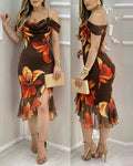 Women's Vintage Floral Print Bodycon Dress Cowl Neck Stretchy Pearl Strap Mermaid Dress Elegant Side Slit Evening Gown
