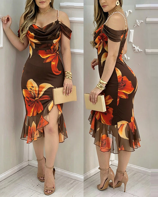 Women's Vintage Floral Print Bodycon Dress Cowl Neck Stretchy Pearl Strap Mermaid Dress Elegant Side Slit Evening Gown