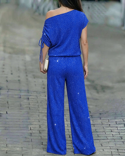Conjunto elegante de descanso de 2 piezas con pedrería para mujer, top de escote asimétrico y pantalón de pierna ancha, atuendo para ir al trabajo con bolsillos