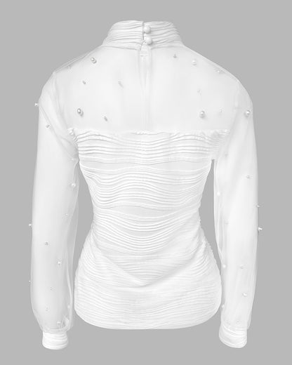 Pearls Decor High Neck Sheer Mesh Spliced Ruched Tee Hollow-out Back Slim Fit Textured Top
