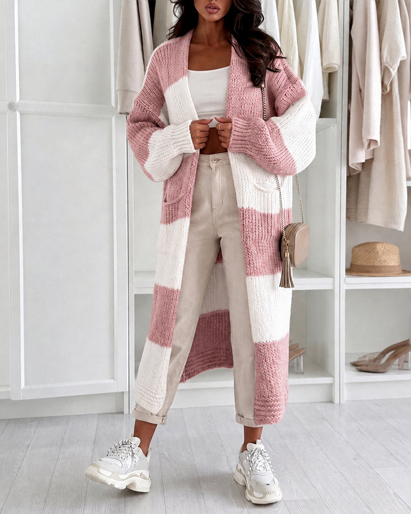 Women's Checkerboard Knit Cardigan Oversized Long Chunky Sweater Loose Lantern Sleeve Coat with Pockets
