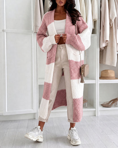 Women's Checkerboard Knit Cardigan Oversized Long Chunky Sweater Loose Lantern Sleeve Coat with Pockets