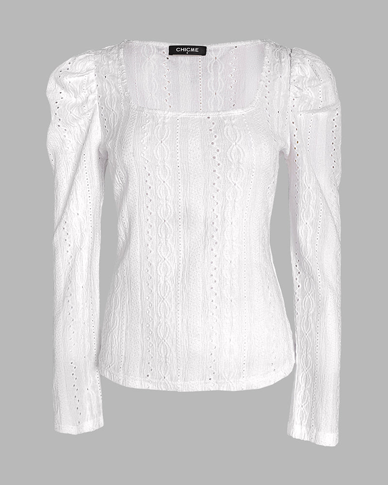 Jacquard Square Neck Puff Sleeve Eyelet Embroidery T-Shirt Long Sleeve Slim Fit Top