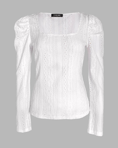 Jacquard Square Neck Puff Sleeve Eyelet Embroidery T-Shirt Long Sleeve Slim Fit Top