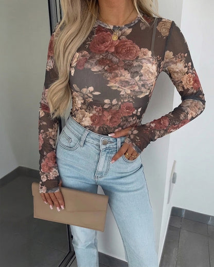Women's Vintage Floral Print Sheer Mesh Top Long Sleeve Slim Fit Crewneck Layering Top with Thumb Hole Cuffs