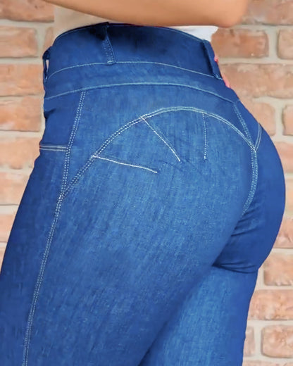 Front Button Zipper Fly High Waist Butt Lifting Skinny Denim Jeans Casual Pants