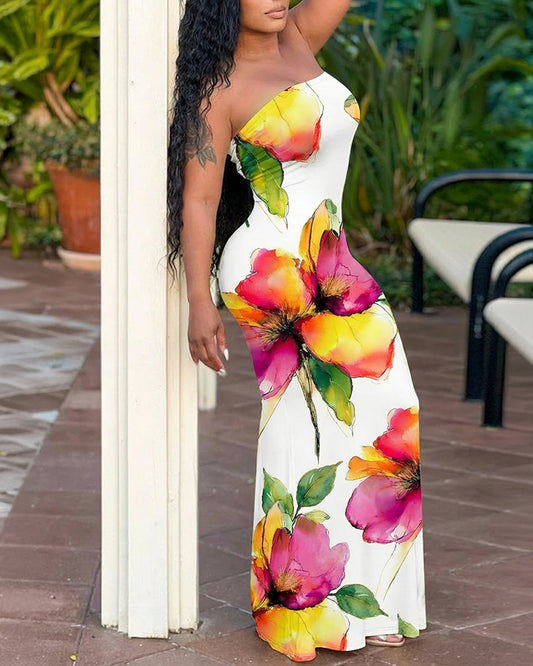 Watercolor Floral Print Slim Fit Stretchy Maxi Dress Chic Tube Dress