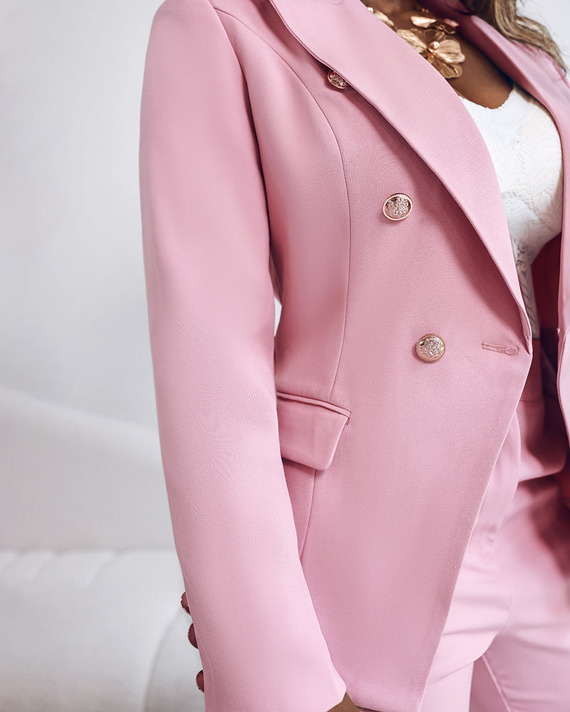 2 Pieces Outfit Notched Collar Double-Breasted Flap Detail Coat and Zipper Fly Elastic Back Waist Slim Fit Flared Pants Set Casual Blazer Set