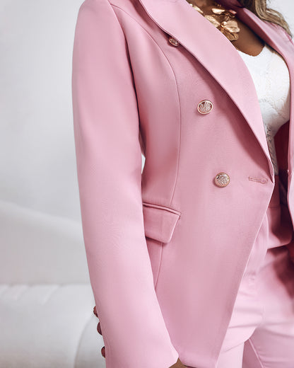 2 Pieces Outfit Notched Collar Double-Breasted Flap Detail Coat and Zipper Fly Elastic Back Waist Slim Fit Flared Pants Set Casual Blazer Set