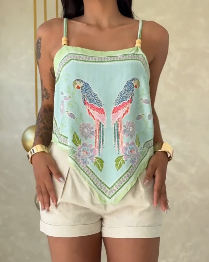 Tropical Animal & Plants Print Square Neck Adjustable Spaghetti Straps Top Sexy Backless Tie Back Asymmetrical Hem Cami Top