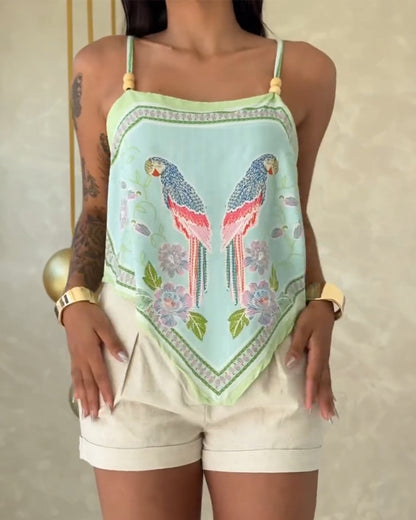 Tropical Animal & Plants Print Square Neck Adjustable Spaghetti Straps Top Sexy Backless Tie Back Asymmetrical Hem Cami Top