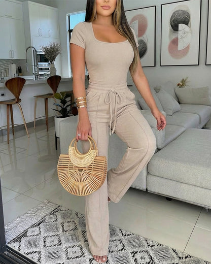 2 Pieces Outfit U-Neck Short Sleeve Slim Fit Ribbed Bodysuit and Drawstring Elastic Waist Seam Front Pants Casual Versatile Set