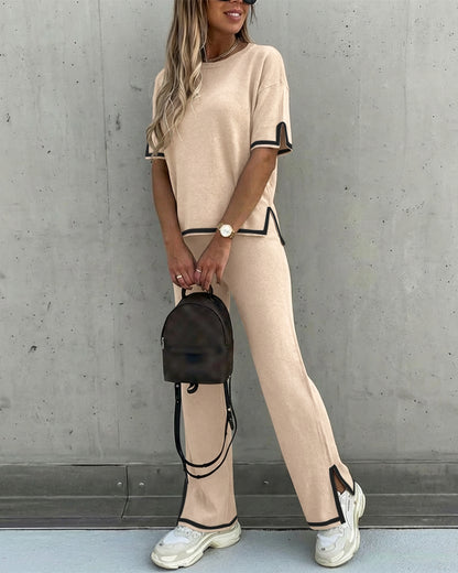 2 Pieces Outfit Round Neck Short Sleeve High-Low Hem Top and Elastic Waist Straight Leg Pants Set Casual Contrast Paneled Side Slit Knit Loungewear Set