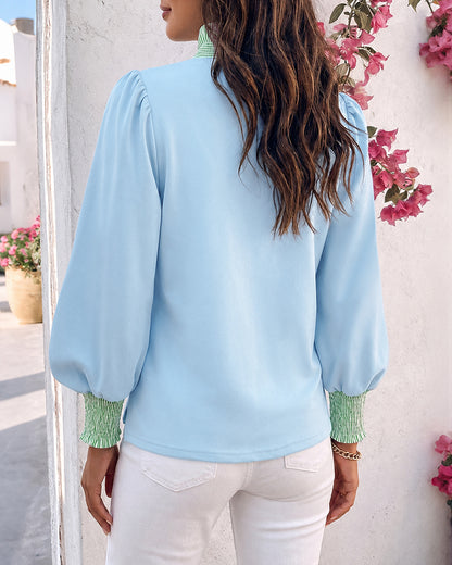 Women's Contrast Stripe Patchwork Blouse Frill Hem Stand Collar Puff Lantern Sleeve Shirred Cuff Pullover Shirt