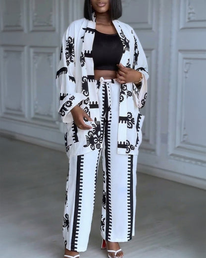 2 Pieces Outfit Open Front Long Sleeve Coat and Drawstring Elastic Waist Wide Leg Pants Set Casual Vintage Baroque Print Loose Fit Set without Tank Top