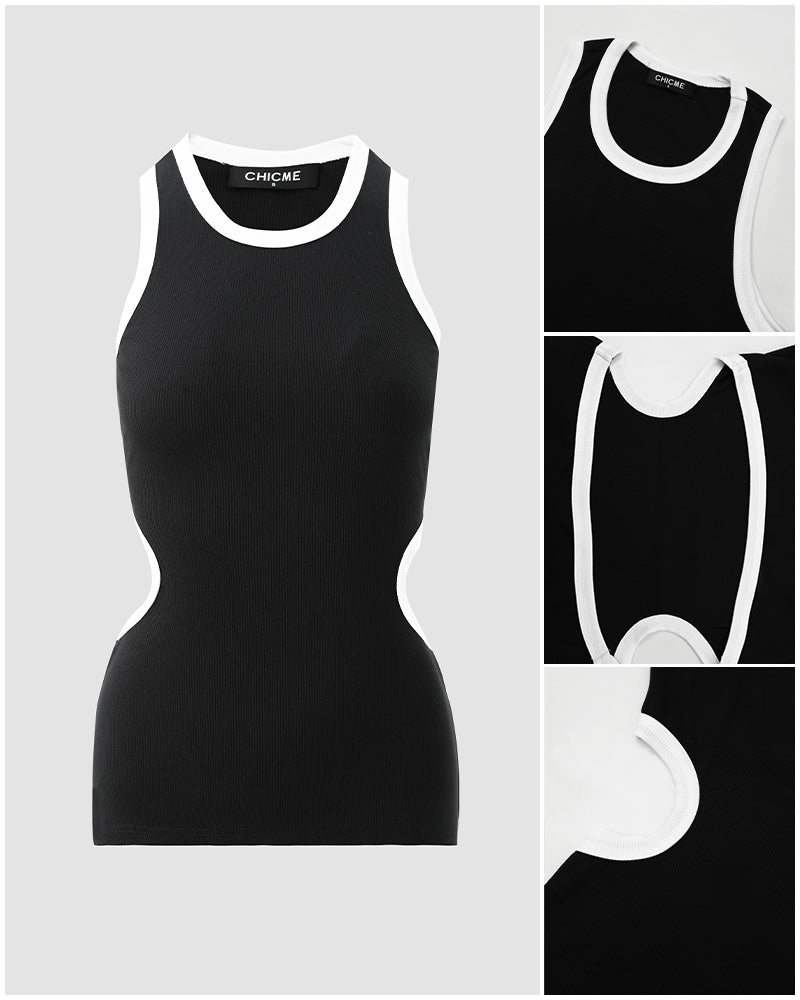 Women's Ribbed Contrast Trim Tank Top Sleeveless Crew Neck Cutout Slim Fit Stretch Casual Top