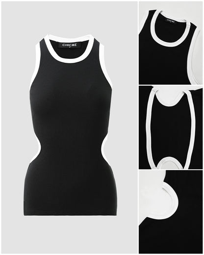 Women's Ribbed Contrast Trim Tank Top Sleeveless Crew Neck Cutout Slim Fit Stretch Casual Top