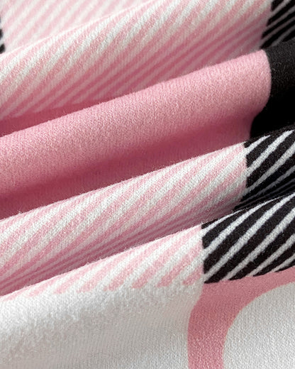 Bowknot Decor Heart & Plaid Print V Neck Adjustable Spaghetti Straps Nightgown Sexy Slim Fit Asymmetrical Hem Night Dress with Matching Panties