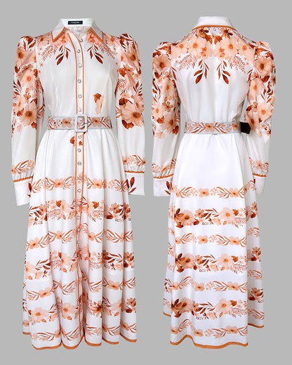 Floral Placement Print Turn-down Collar Puff Sleeve Vacation Dress Casual Button Down Shirt Dress With Belt and Lining