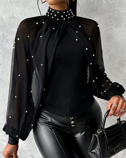Pearls Decor High Neck Chiffon Draped Cape-style Cloak Sleeve Spliced Tee Ruched Hollow-out Back Slim Fit Top