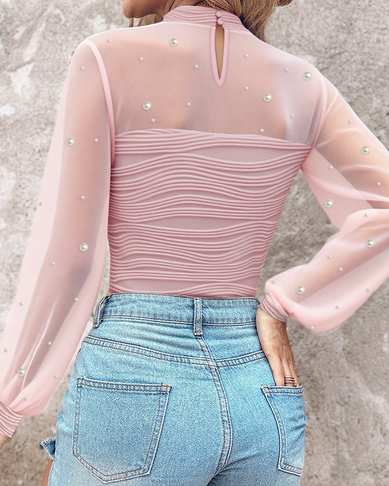 Pearls Decor High Neck Sheer Mesh Spliced Ruched Tee Hollow-out Back Slim Fit Textured Top