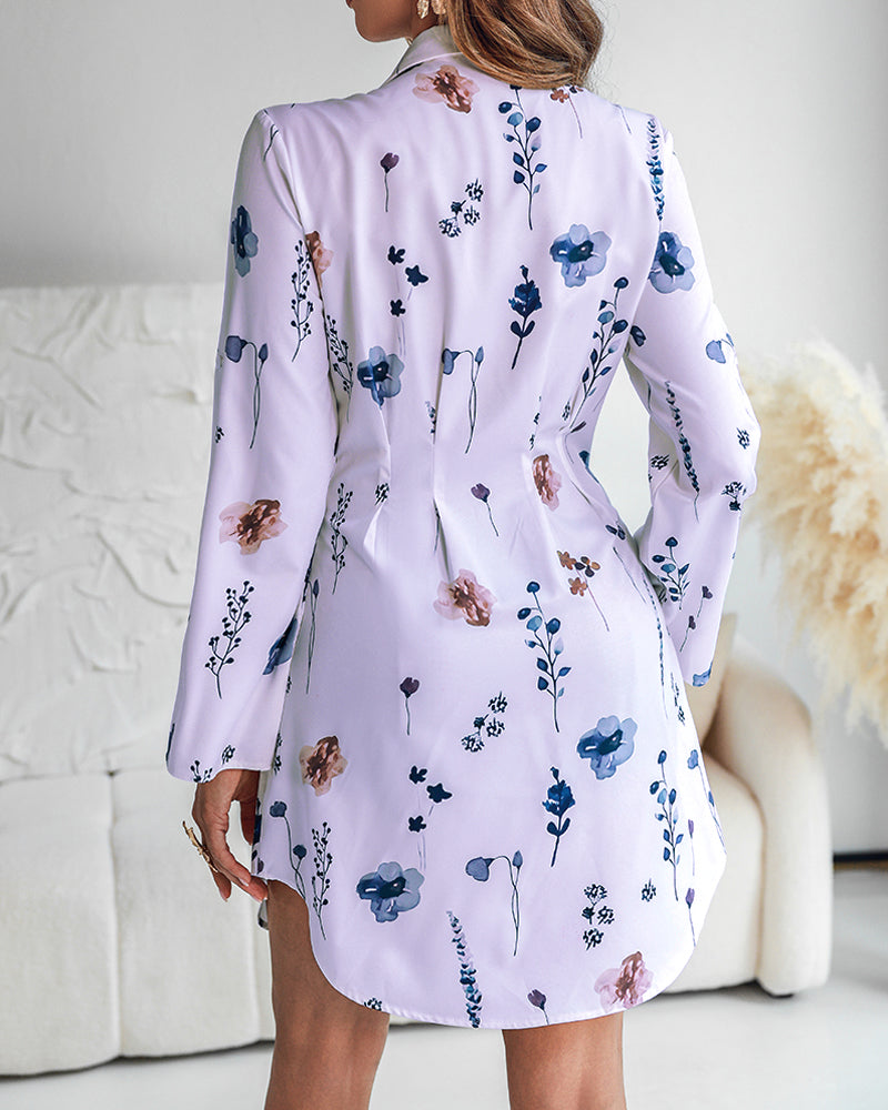 Watercolor Floral Print Turn-down Collar Turn-Up Sleeves Shirred Back Shirt Dress Casual Button Down Cinched Waist Asymmetrical Hem Vacation Dress