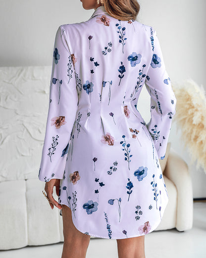 Watercolor Floral Print Turn-down Collar Turn-Up Sleeves Shirred Back Shirt Dress Casual Button Down Cinched Waist Asymmetrical Hem Vacation Dress
