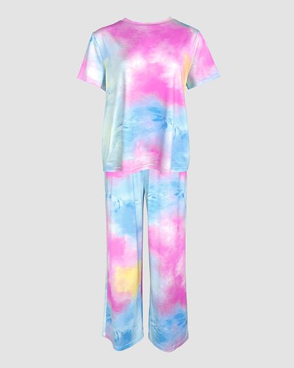 2 Pieces Outfit Tie Dye Print Short Sleeve Top and Elastic Waist Loose Fit Pants Set Casual Pajamas Set