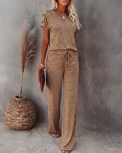 Women's 2-Piece Lounge Set V-Neck Button Decor Top and Wide-Leg Pants with Pockets Relaxed Casual Outfits
