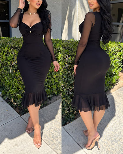Women's Sweetheart Neck Ruched Sheer Mesh Long Sleeve Ruffle Mermaid Midi Dress