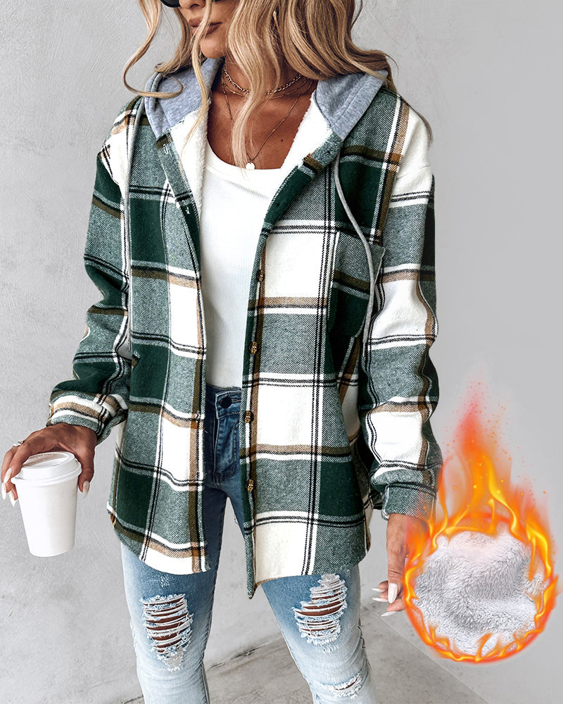 Plaid Pattern Long Sleeve Shacket Button Down Fleece Lined Hooded Jackets Warm Coat