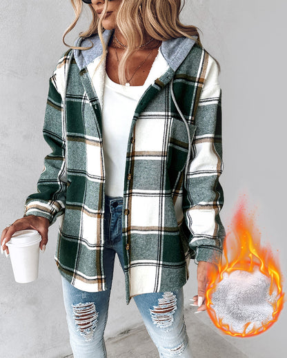 Plaid Pattern Long Sleeve Shacket Button Down Fleece Lined Hooded Jackets Warm Coat