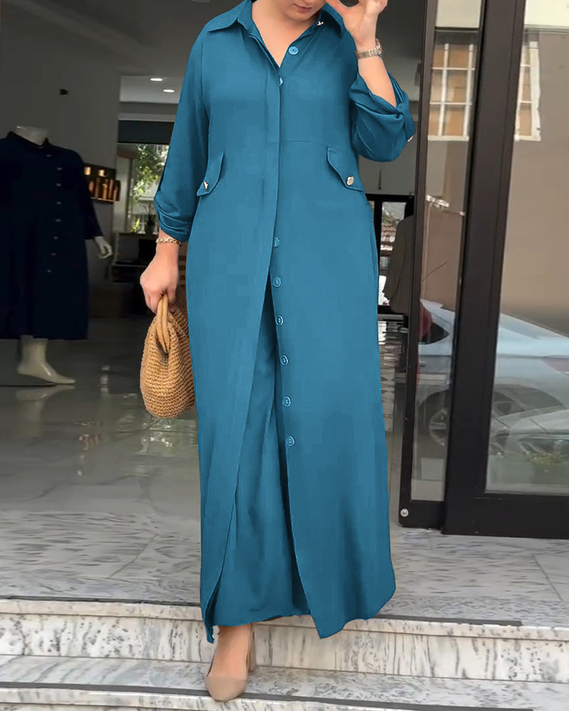 2 Pieces Outfit Turn-down Collar Turn-Up Sleeves Button Front Asymmetrical Hem Longline Blouse and Casual Elastic Waist Wide Leg Pants Set