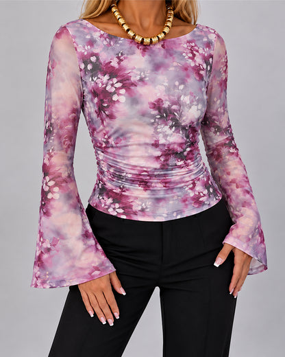 Women's Floral Print Gold Foil Sheer Mesh Boat Neck Flare Sleeve Ruched Top
