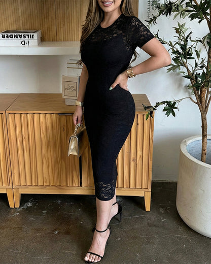 2 Pieces Outfit Short Sleeve Slim Fit Mid-length Lace Dress with U-Neck Adjustable Spaghetti Straps Cami Dress