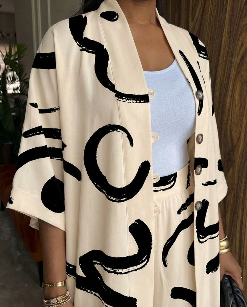 2 Pieces Outfit Batwing Sleeve Button Front Side Slit Longline Coat and Elastic Back Waist Wide Leg Pants Set Casual Abstract Print Satin Set