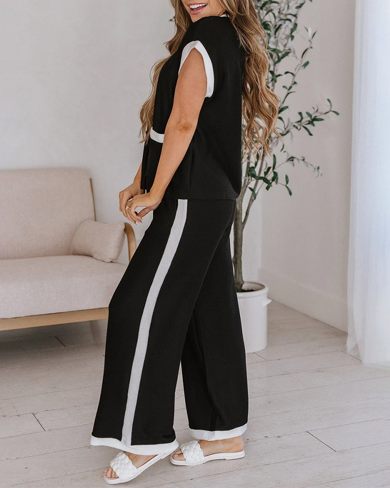 Women's Contrast Binding Two-Piece Set Short Sleeve Top and Wide Leg Pants