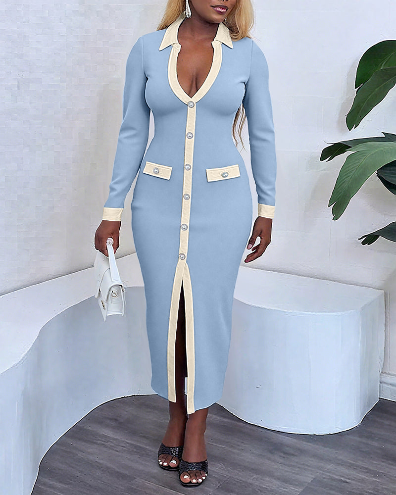 Pearls Button Decor Contrast Paneled Turn-down Collar Slit Front Dress Zipper Side Flap Detail Slim Fit Commuting Dress