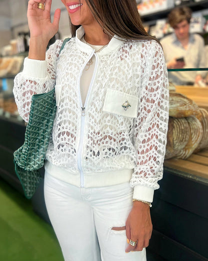 Women's Lace Hollow Out Bomber Jacket Sheer Wave Pattern Lace Zip Up Outerwear Ribbed Trim Coat